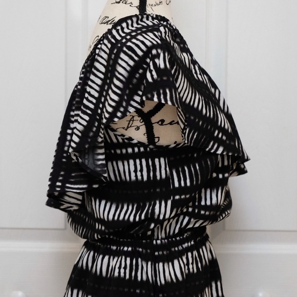 EXPRESS Ruffle One Shoulder Mini Dress Black & White Silky soft material NWOT - Picture 5 of 8